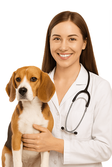 Medic veterinar alături de un câine